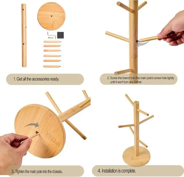 Alt view image 3 of 7 - Bamboo Mug Tree for Counter, 6 Hooks Detachable Coffee Mug Holder, Decorative Mug Racks for Coffee Bar Organizer