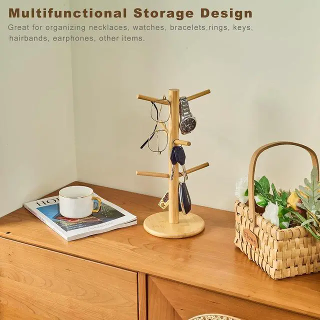 Alt view image 4 of 7 - Bamboo Mug Tree for Counter, 6 Hooks Detachable Coffee Mug Holder, Decorative Mug Racks for Coffee Bar Organizer