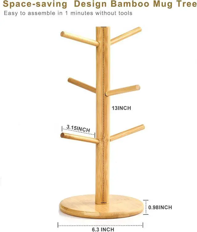 Alt view image 6 of 7 - Bamboo Mug Tree for Counter, 6 Hooks Detachable Coffee Mug Holder, Decorative Mug Racks for Coffee Bar Organizer