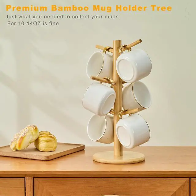 Alt view image 7 of 7 - Bamboo Mug Tree for Counter, 6 Hooks Detachable Coffee Mug Holder, Decorative Mug Racks for Coffee Bar Organizer