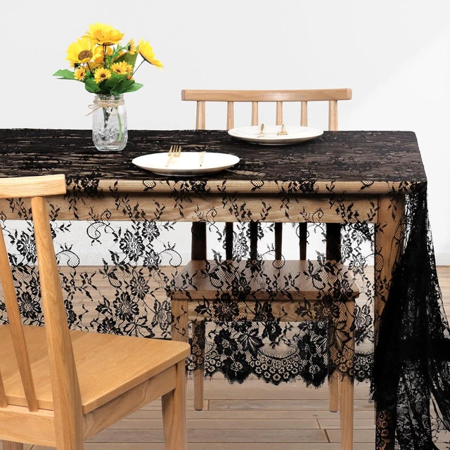 Alt view image 3 of 7 - Black Lace Tablecloth 60 × 120 Inch for Rustic Boho Wedding Bridal Shower Party Decoration, Classy Rectangle Overlay Long Vintage Embroidered Reception Table Cloth Decor