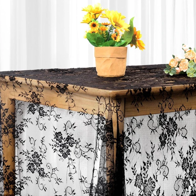 Alt view image 6 of 7 - Black Lace Tablecloth 60 × 120 Inch for Rustic Boho Wedding Bridal Shower Party Decoration, Classy Rectangle Overlay Long Vintage Embroidered Reception Table Cloth Decor