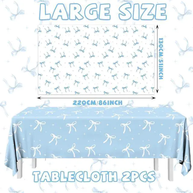 Alt view image 2 of 6 - 2Pcs Blue Bow Tablecloth,Coquette Birthday Decorations Bow Theme Plastic Table Cover Blue Bow Rectangle Tablecloth for Girls Women Bachelorette Baby Shower Party Decor