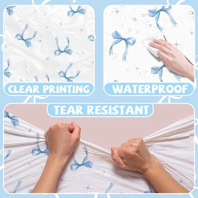 Alt view image 3 of 6 - 2Pcs Blue Bow Tablecloth,Coquette Birthday Decorations Bow Theme Plastic Table Cover Blue Bow Rectangle Tablecloth for Girls Women Bachelorette Baby Shower Party Decor