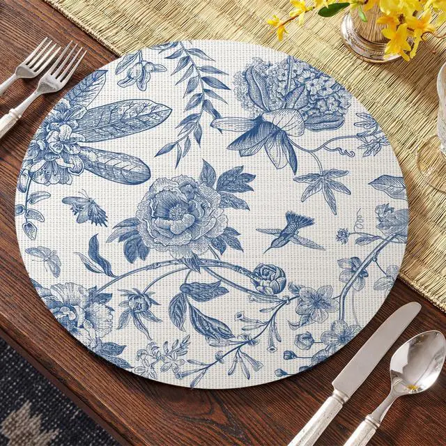 Alt view image 2 of 7 - Blue Floral Vinyl Round Spring Placemats Set of 4, Washable Heat Resistant Non-Slip Woven Summer Plastic PVC Place Mats for Farmhouse Party Kitchen Dining Decor