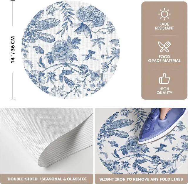 Alt view image 6 of 7 - Blue Floral Vinyl Round Spring Placemats Set of 4, Washable Heat Resistant Non-Slip Woven Summer Plastic PVC Place Mats for Farmhouse Party Kitchen Dining Decor