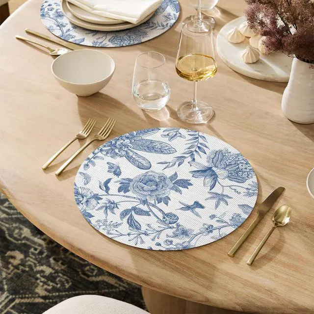 Alt view image 7 of 7 - Blue Floral Vinyl Round Spring Placemats Set of 4, Washable Heat Resistant Non-Slip Woven Summer Plastic PVC Place Mats for Farmhouse Party Kitchen Dining Decor