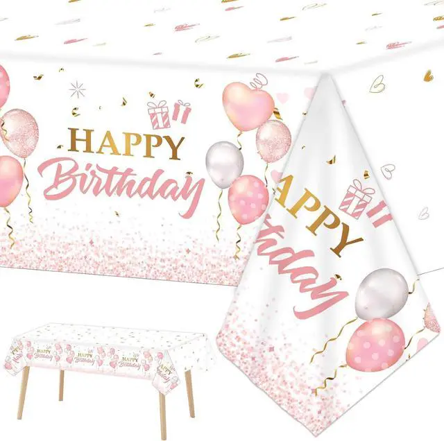 Main image of 3 Pieces Pink Rose Gold Tablecloth for Rose Gold Birthday Decoration Plastic Disposable Party Table Covers for Rectangle Tables Girl Women Parties Happy Birthday Wedding Party Favors, 54 x 108 Inches
