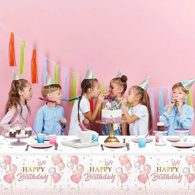 Alt view image 4 of 6 - 3 Pieces Pink Rose Gold Tablecloth for Rose Gold Birthday Decoration Plastic Disposable Party Table Covers for Rectangle Tables Girl Women Parties Happy Birthday Wedding Party Favors, 54 x 108 Inches