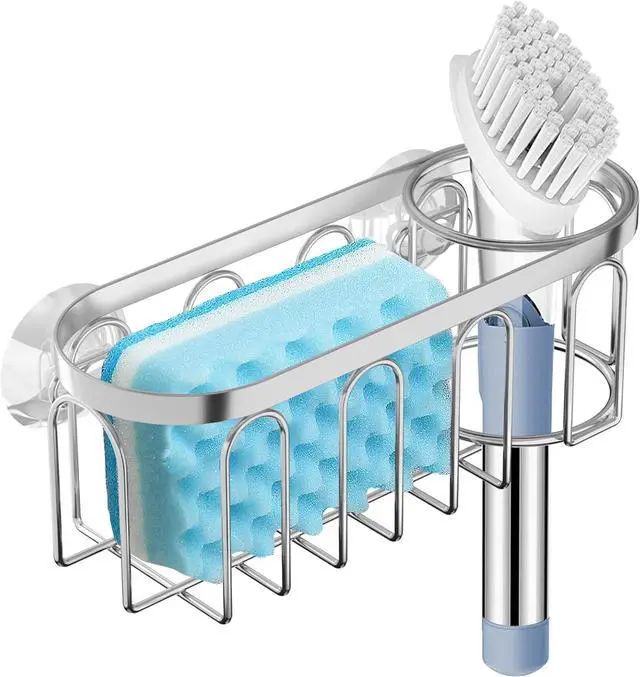 Main image of 2-in-1 Sponge Holder for Kitchen Sink, Sink Caddy Kitchen Sink Organizer with 3 Suction Cups, No Drill Rustproof Sink Sponge Holder for Dish Brush, Soap & Sponge (Silver)