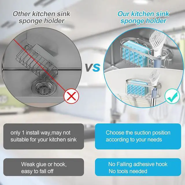Alt view image 3 of 7 - 2-in-1 Sponge Holder for Kitchen Sink, Sink Caddy Kitchen Sink Organizer with 3 Suction Cups, No Drill Rustproof Sink Sponge Holder for Dish Brush, Soap & Sponge (Silver)