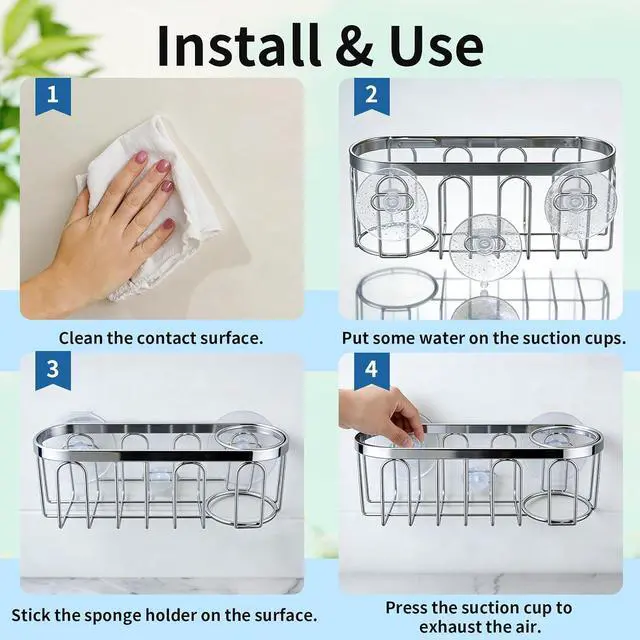 Alt view image 4 of 7 - 2-in-1 Sponge Holder for Kitchen Sink, Sink Caddy Kitchen Sink Organizer with 3 Suction Cups, No Drill Rustproof Sink Sponge Holder for Dish Brush, Soap & Sponge (Silver)