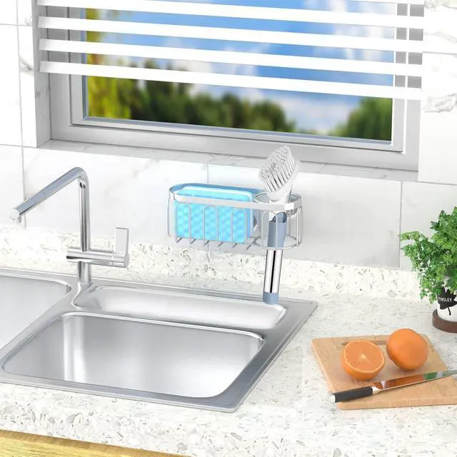 Alt view image 5 of 7 - 2-in-1 Sponge Holder for Kitchen Sink, Sink Caddy Kitchen Sink Organizer with 3 Suction Cups, No Drill Rustproof Sink Sponge Holder for Dish Brush, Soap & Sponge (Silver)