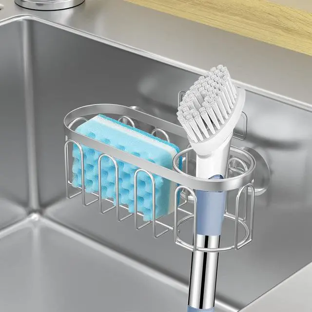 Alt view image 6 of 7 - 2-in-1 Sponge Holder for Kitchen Sink, Sink Caddy Kitchen Sink Organizer with 3 Suction Cups, No Drill Rustproof Sink Sponge Holder for Dish Brush, Soap & Sponge (Silver)