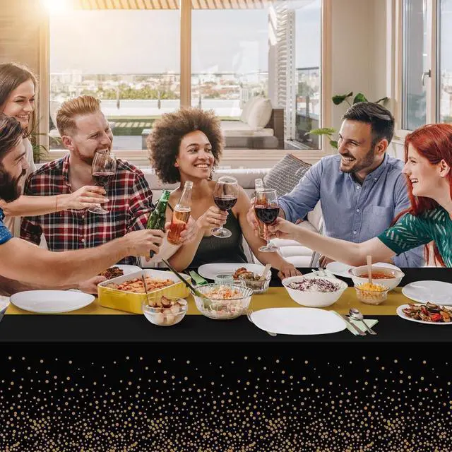 Alt view image 5 of 7 - 3 Pack Black and Gold Tablecloths for New Years Eve Party Supplies