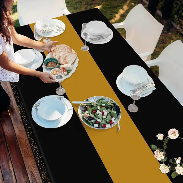 Alt view image 6 of 7 - 3 Pack Black and Gold Tablecloths for New Years Eve Party Supplies