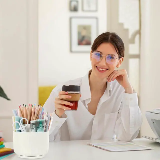 Alt view image 6 of 7 - 360 Degree Rotating Desk Organizer, Small Dual-Purpose Pencil Pen Holder for Desk, Rotating Pencil Cup with 5 Slots, Office Supplies, Desk Decor for Office, School, Home