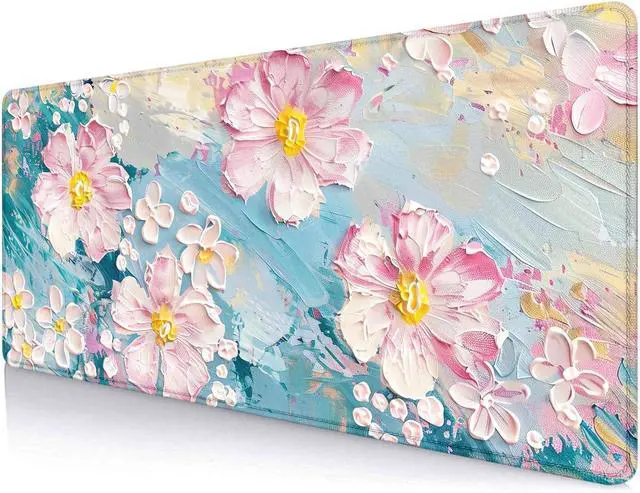 Main image of Large Mouse Pad Mousepad, Pink Flowers in a Blue Desk Mats for Desktop, Watercolor Beautiful Floral Laptop Computer Desk Pad, Non-Slip Rubber Base Desktop Mat, 31.5 x 11.8 inches