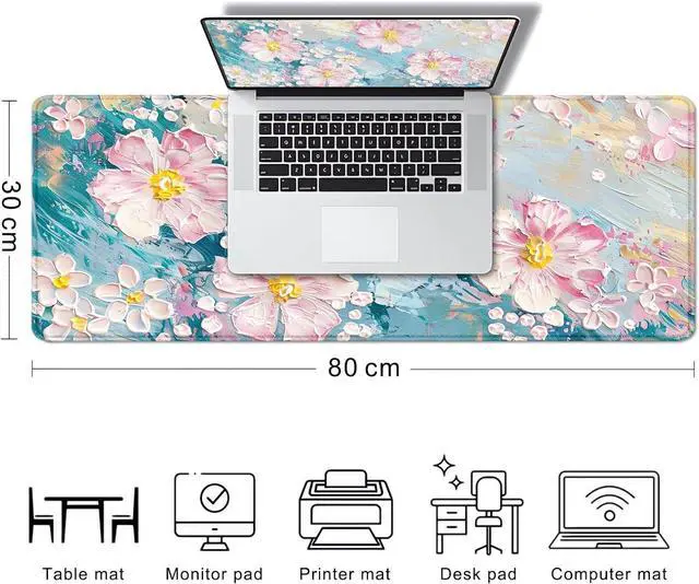 Alt view image 2 of 7 - Large Mouse Pad Mousepad, Pink Flowers in a Blue Desk Mats for Desktop, Watercolor Beautiful Floral Laptop Computer Desk Pad, Non-Slip Rubber Base Desktop Mat, 31.5 x 11.8 inches