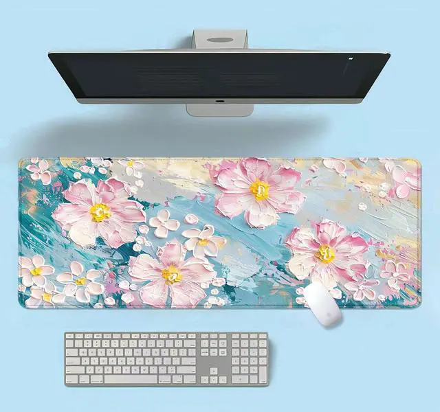 Alt view image 5 of 7 - Large Mouse Pad Mousepad, Pink Flowers in a Blue Desk Mats for Desktop, Watercolor Beautiful Floral Laptop Computer Desk Pad, Non-Slip Rubber Base Desktop Mat, 31.5 x 11.8 inches