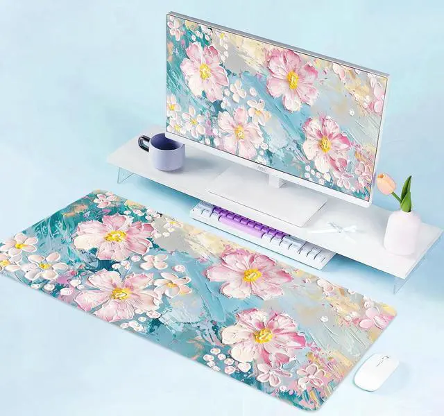 Alt view image 6 of 7 - Large Mouse Pad Mousepad, Pink Flowers in a Blue Desk Mats for Desktop, Watercolor Beautiful Floral Laptop Computer Desk Pad, Non-Slip Rubber Base Desktop Mat, 31.5 x 11.8 inches