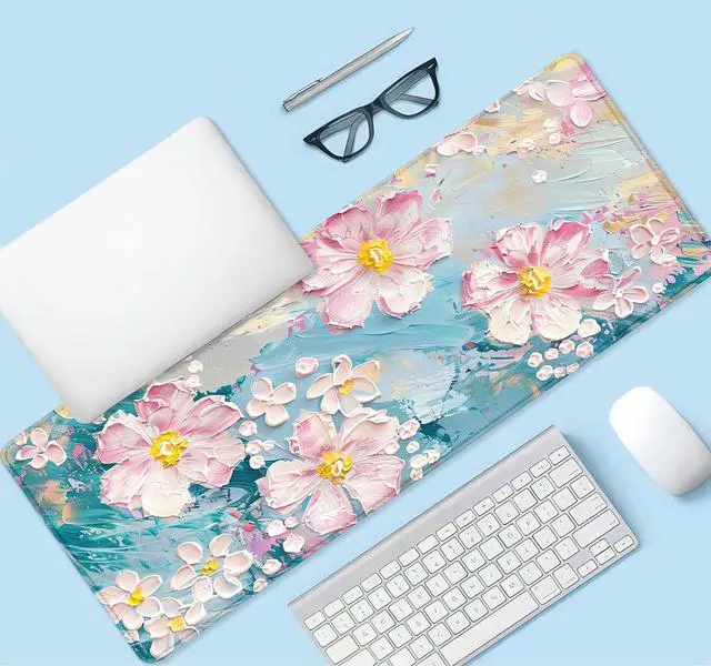 Alt view image 4 of 7 - Large Mouse Pad Mousepad, Pink Flowers in a Blue Desk Mats for Desktop, Watercolor Beautiful Floral Laptop Computer Desk Pad, Non-Slip Rubber Base Desktop Mat, 31.5 x 11.8 inches