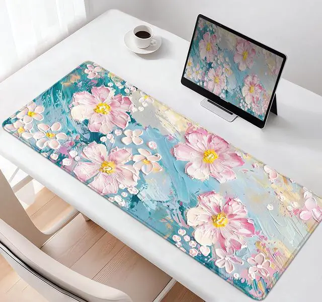 Alt view image 7 of 7 - Large Mouse Pad Mousepad, Pink Flowers in a Blue Desk Mats for Desktop, Watercolor Beautiful Floral Laptop Computer Desk Pad, Non-Slip Rubber Base Desktop Mat, 31.5 x 11.8 inches