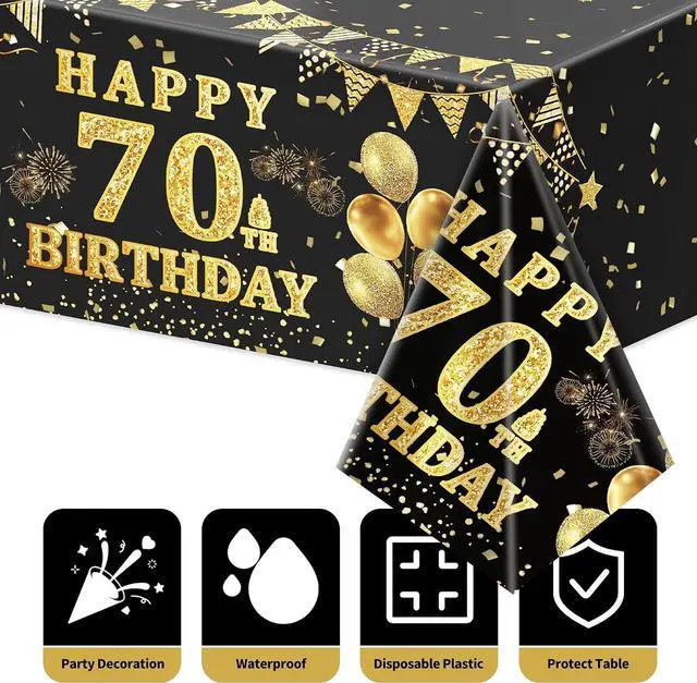Alt view image 3 of 6 - 3 Pack 70th Birthday Tablecloth, Black and Gold Happy 70th Birthday Decorations, Disposable Plastic Rectangular Table Cover Party Supplies for Men Women