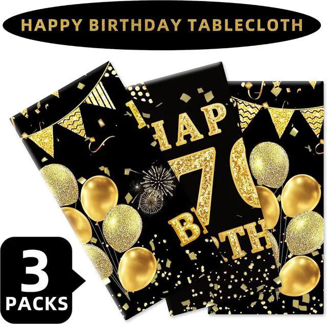 Alt view image 4 of 6 - 3 Pack 70th Birthday Tablecloth, Black and Gold Happy 70th Birthday Decorations, Disposable Plastic Rectangular Table Cover Party Supplies for Men Women