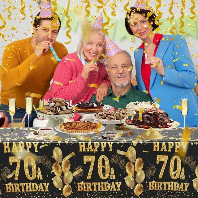 Alt view image 5 of 6 - 3 Pack 70th Birthday Tablecloth, Black and Gold Happy 70th Birthday Decorations, Disposable Plastic Rectangular Table Cover Party Supplies for Men Women