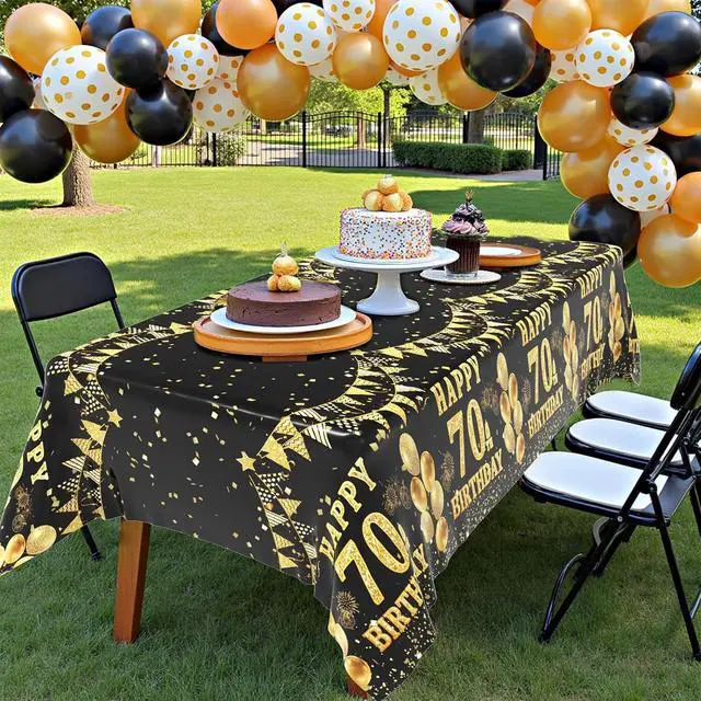 Alt view image 6 of 6 - 3 Pack 70th Birthday Tablecloth, Black and Gold Happy 70th Birthday Decorations, Disposable Plastic Rectangular Table Cover Party Supplies for Men Women
