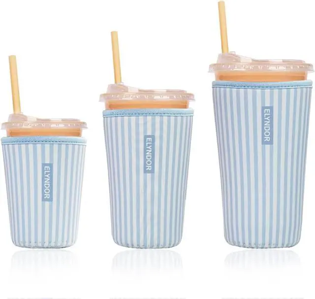 Main image of Reusable Insulated Sleeve for Iced Coffee Cup, 3-Pack Coffee Neoprene Drink Sleeve for Cold & Hot Drinks, Beverage Holder for Iced Coffee (Blue Stripes)