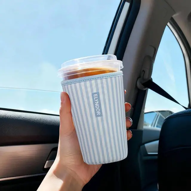 Alt view image 2 of 7 - Reusable Insulated Sleeve for Iced Coffee Cup, 3-Pack Coffee Neoprene Drink Sleeve for Cold & Hot Drinks, Beverage Holder for Iced Coffee (Blue Stripes)