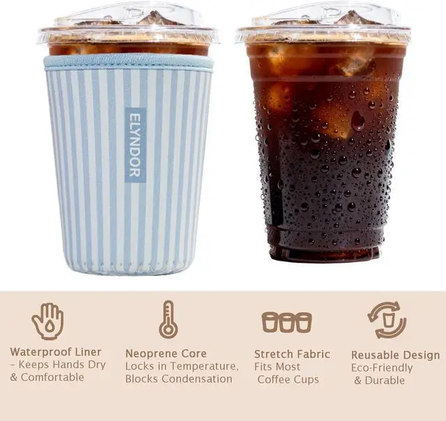 Alt view image 6 of 7 - Reusable Insulated Sleeve for Iced Coffee Cup, 3-Pack Coffee Neoprene Drink Sleeve for Cold & Hot Drinks, Beverage Holder for Iced Coffee (Blue Stripes)