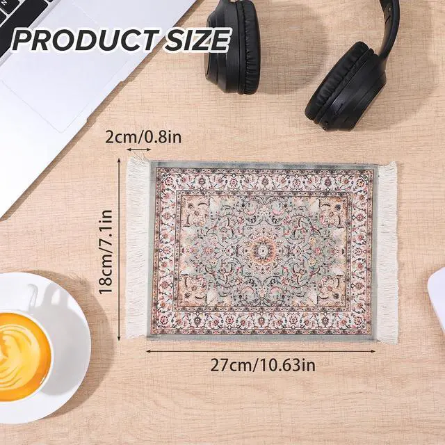 Alt view image 2 of 7 - Persian Rug Mouse Pad - Vintage Bohemian Carpet Style Desk Mat with Fringed Edges, Non-Slip Rubber Base, Aesthetic Table Decor for Home & Office