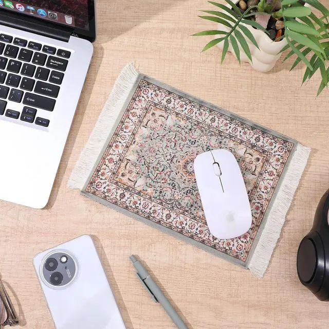 Alt view image 4 of 7 - Persian Rug Mouse Pad - Vintage Bohemian Carpet Style Desk Mat with Fringed Edges, Non-Slip Rubber Base, Aesthetic Table Decor for Home & Office