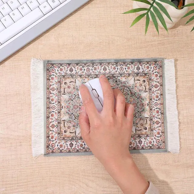 Alt view image 5 of 7 - Persian Rug Mouse Pad - Vintage Bohemian Carpet Style Desk Mat with Fringed Edges, Non-Slip Rubber Base, Aesthetic Table Decor for Home & Office