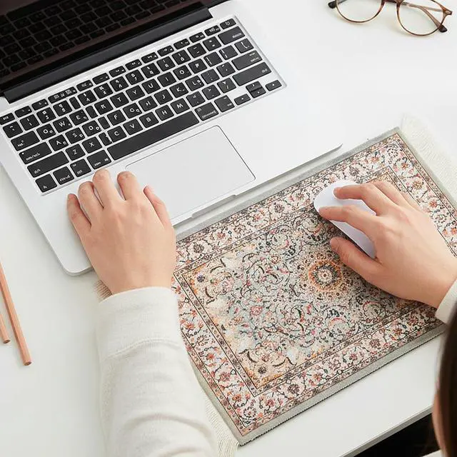 Alt view image 6 of 7 - Persian Rug Mouse Pad - Vintage Bohemian Carpet Style Desk Mat with Fringed Edges, Non-Slip Rubber Base, Aesthetic Table Decor for Home & Office