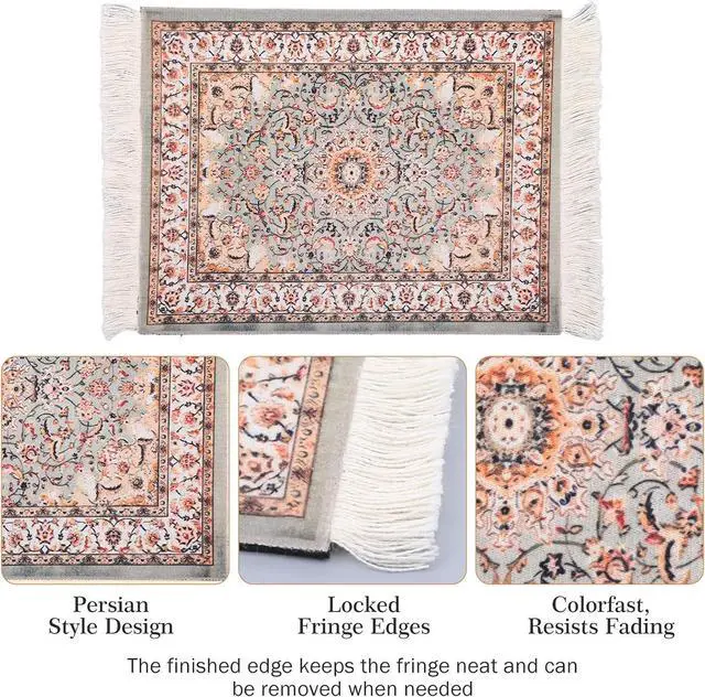 Alt view image 7 of 7 - Persian Rug Mouse Pad - Vintage Bohemian Carpet Style Desk Mat with Fringed Edges, Non-Slip Rubber Base, Aesthetic Table Decor for Home & Office