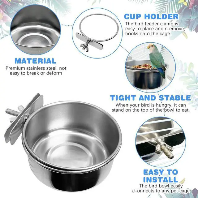 Alt view image 3 of 7 - Bird Feeding Dish Cups Parrot Food Bowl Clamp Holder Coop Cup, 2PCS Bird Cage Water Bowl for Parakeet African Greys Conure Cockatiels Lovebird Budgie Chinchilla