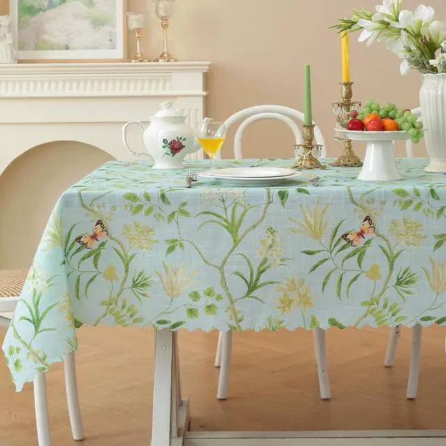 Main image of Rectangle Waterproof Tablecloth Linen Textured Table Cloth,Stain and Wrinkle Resistant Washable Fabric Table Cover for Dining, Party, Camping and Outdoor, 52 x 70 Inch, Green Leaves
