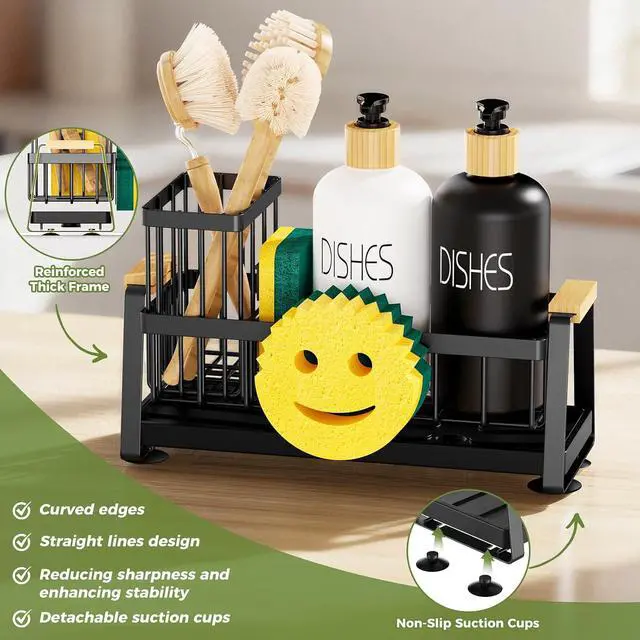 Alt view image 3 of 6 - Sponge Holder for Kitchen Sink, Sink Caddy Organizer with Dish Brush Holder, Sink Organizer Rack with Suction Cups, Smiley Face Sponge Caddy Self Drain for Soap Dispenser Storage Accessories