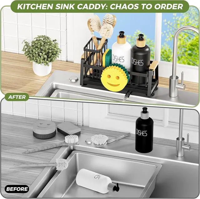 Alt view image 4 of 6 - Sponge Holder for Kitchen Sink, Sink Caddy Organizer with Dish Brush Holder, Sink Organizer Rack with Suction Cups, Smiley Face Sponge Caddy Self Drain for Soap Dispenser Storage Accessories