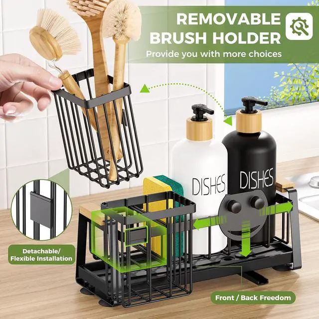 Alt view image 5 of 6 - Sponge Holder for Kitchen Sink, Sink Caddy Organizer with Dish Brush Holder, Sink Organizer Rack with Suction Cups, Smiley Face Sponge Caddy Self Drain for Soap Dispenser Storage Accessories