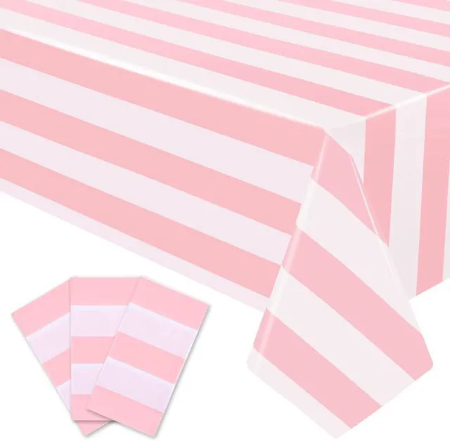 Main image of 3 Packs Pink and White Striped Tablecloths 54 x 108 Inch
