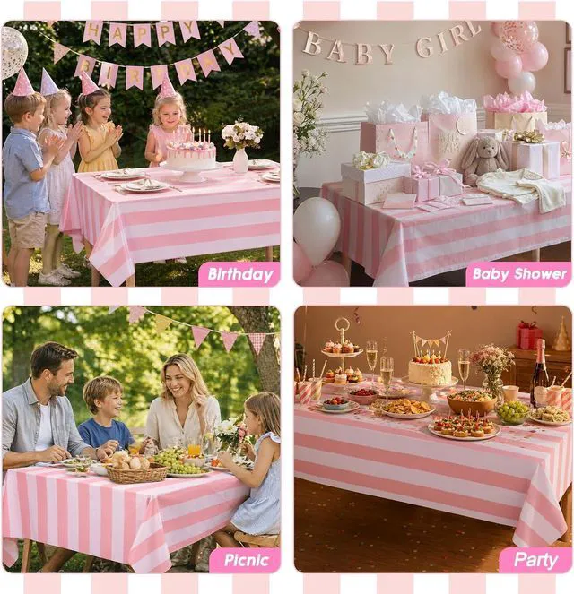 Alt view image 5 of 7 - 3 Packs Pink and White Striped Tablecloths 54 x 108 Inch