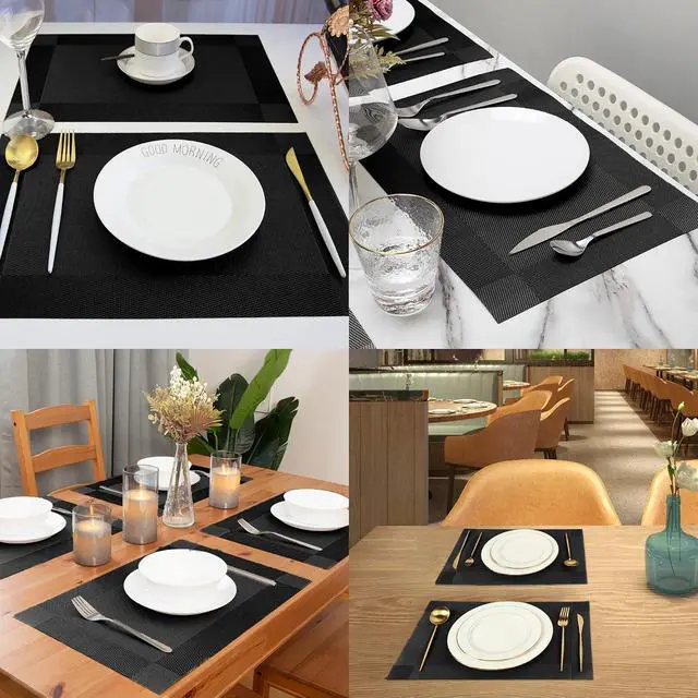 Alt view image 4 of 5 - Table Placemats Dining Table Place Mats Set of 4 Heat Resistant Insulation Non-Slip Vinyl for Kitchen Dining Room 18" * 12" Black