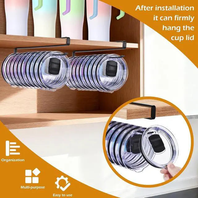 Alt view image 4 of 7 - LWGFIO 2 Pack Tumbler Lid Organizer, Under Cabinet Cup Lid Holder, Black