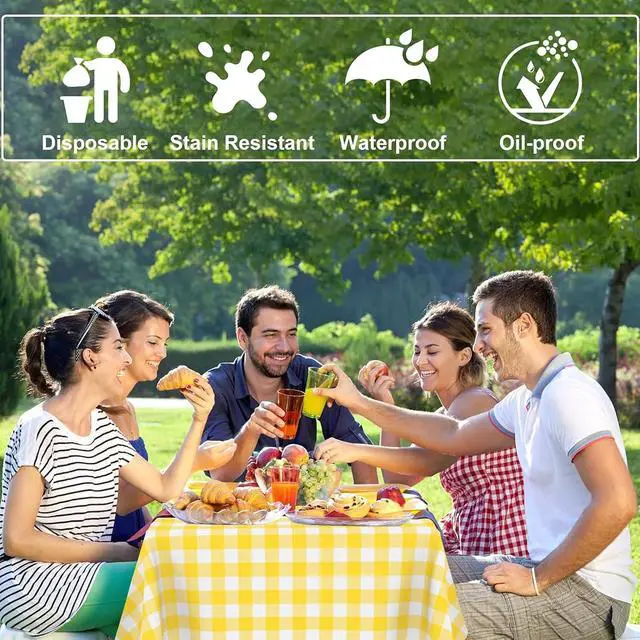 Alt view image 3 of 7 - 2 Pack Yellow and White Checkered Tablecloth Yellow Gingham Plastic Table Cloths for Parties Disposable 54x108 in Waterproof Rectangle Table Covers for Party Baby Shower Birthday Christmas Picnic