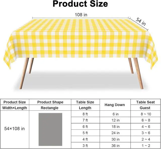 Alt view image 4 of 7 - 2 Pack Yellow and White Checkered Tablecloth Yellow Gingham Plastic Table Cloths for Parties Disposable 54x108 in Waterproof Rectangle Table Covers for Party Baby Shower Birthday Christmas Picnic